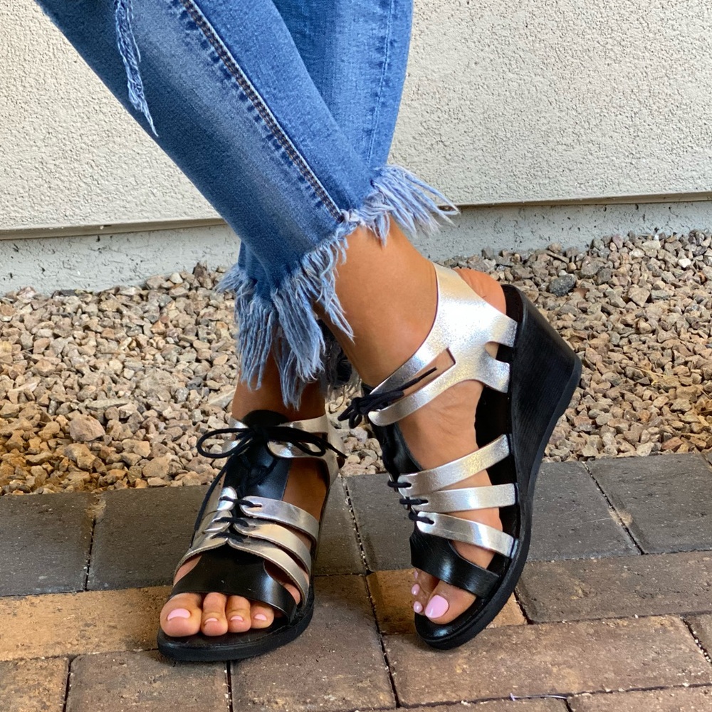 Distressed Leather Lace Up Kitten Wedge Sandal - Picture 3 of 12